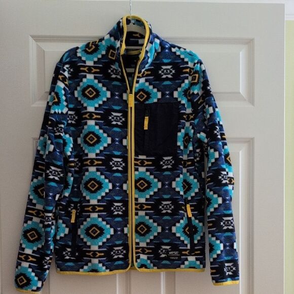 Wesc Sweden Moritz Aztec AOP Polar Fleece Jacket Unisex Nightshadow Blue - Picture 1 of 12